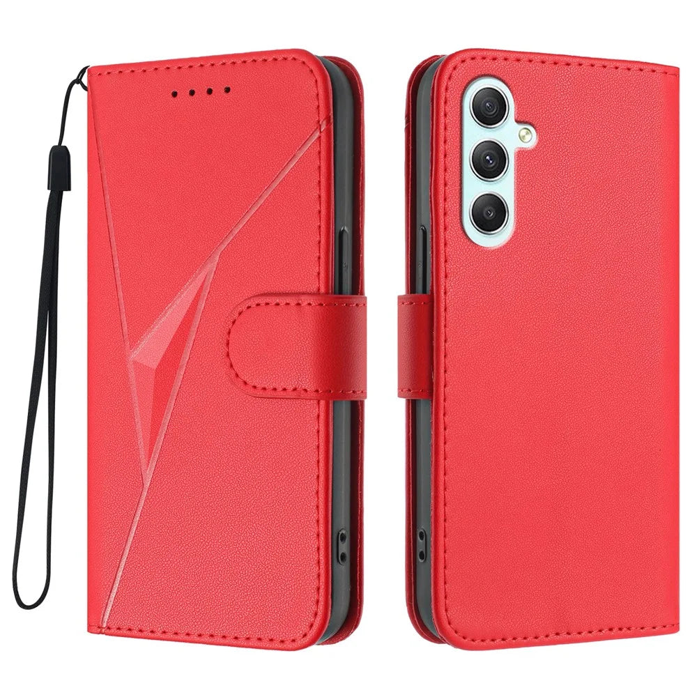 For Samsung Galaxy A35 5G Case Triangle Imprint Leather Phone Cover with Lanyard - Red - 1
