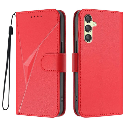 For Samsung Galaxy A25 5G (Global) (161.0 x 76.5 x 8.3mm) Case Triangle Imprint Leather Phone Cover with Lanyard - Red - 1