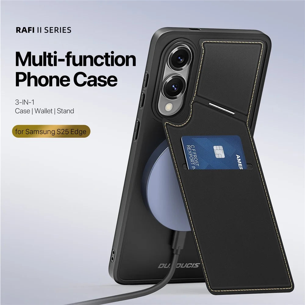 DUX DUCIS For Samsung Galaxy S25 Edge Magnetic Case  Rafi II Series Leather Back Cover with RFID Blocking Card Slots - Black - 2