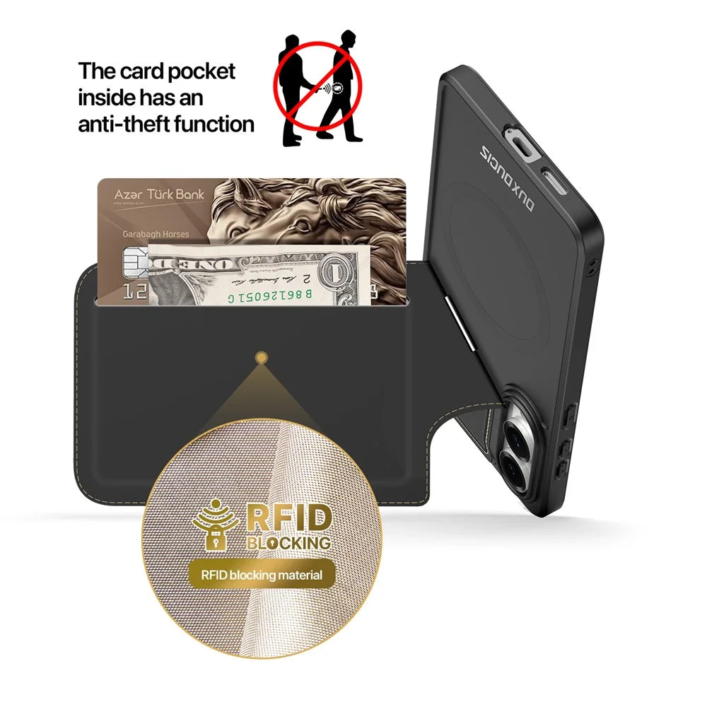 DUX DUCIS For Samsung Galaxy S25 Edge Magnetic Case  Rafi II Series Leather Back Cover with RFID Blocking Card Slots - Black - 7