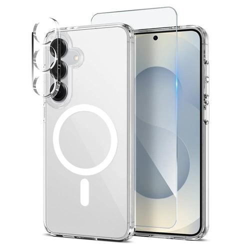 NORTHJO For Samsung Galaxy S25 Magnetic Case PC + TPU Phone Cover Set with Front Screen Protector + Lens Film - Transparent - 1