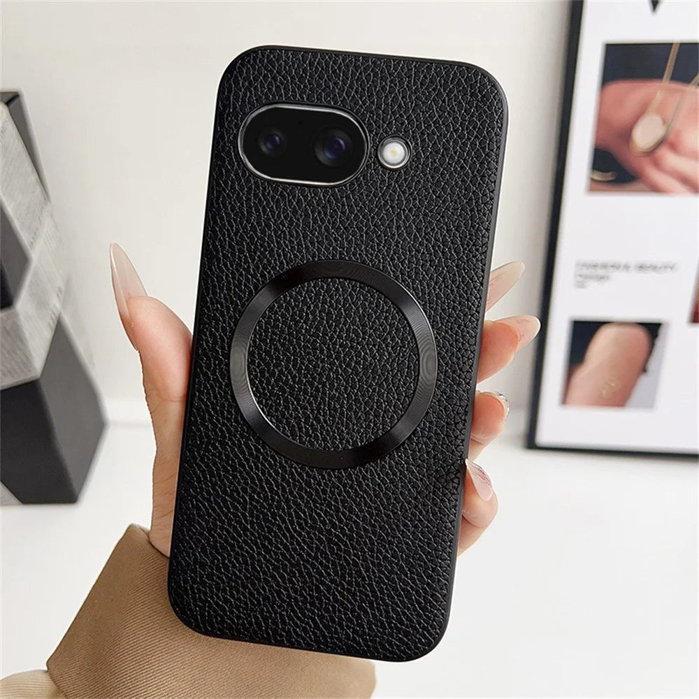For Google Pixel 9a Magnetic Case Litchi Texture PU Leather + TPU Phone Back Cover - Black - 2