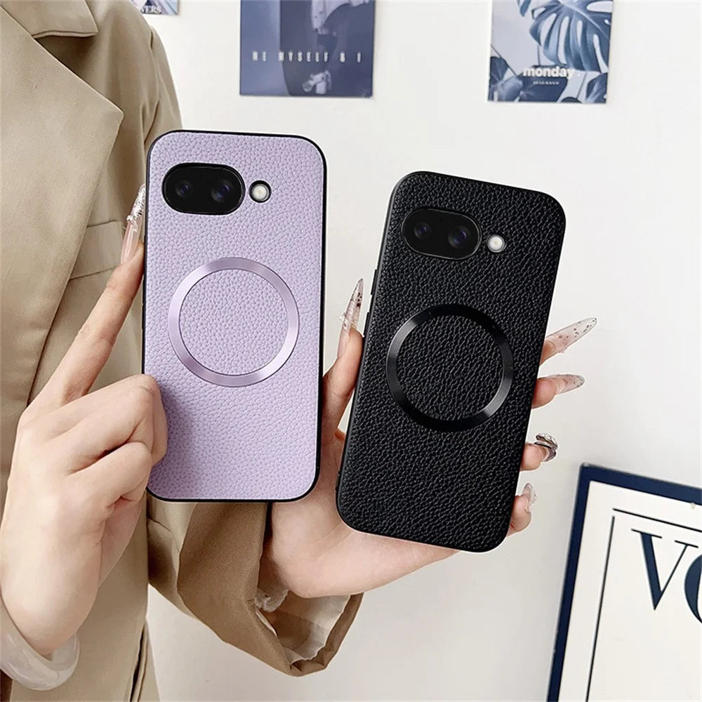 For Google Pixel 9a Magnetic Case Litchi Texture PU Leather + TPU Phone Back Cover - Black - 3