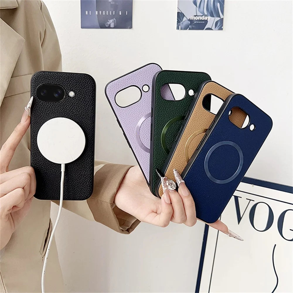 For Google Pixel 9a Magnetic Case Litchi Texture PU Leather + TPU Phone Back Cover - Black - 6