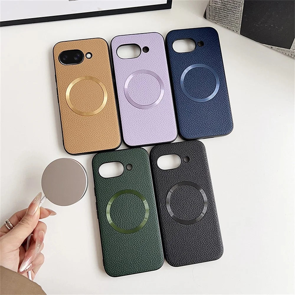 For Google Pixel 9a Magnetic Case Litchi Texture PU Leather + TPU Phone Back Cover - Black - 7