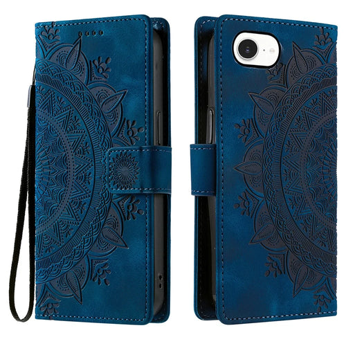 For iPhone 17e / 16e Case Imprinted Totem Skin Feel Wallet Leather Phone Cover - Blue - 1