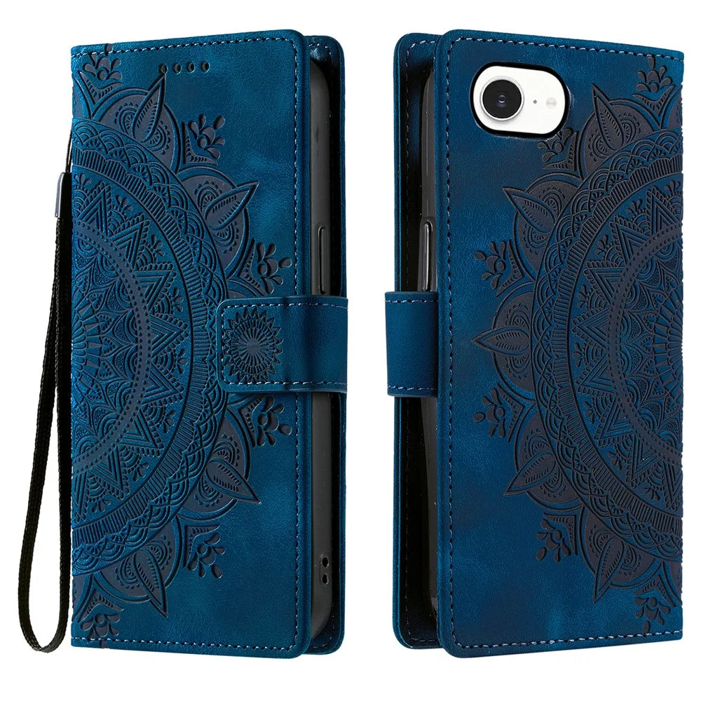 For iPhone 17e / 16e Case Imprinted Totem Skin Feel Wallet Leather Phone Cover - Blue - 1