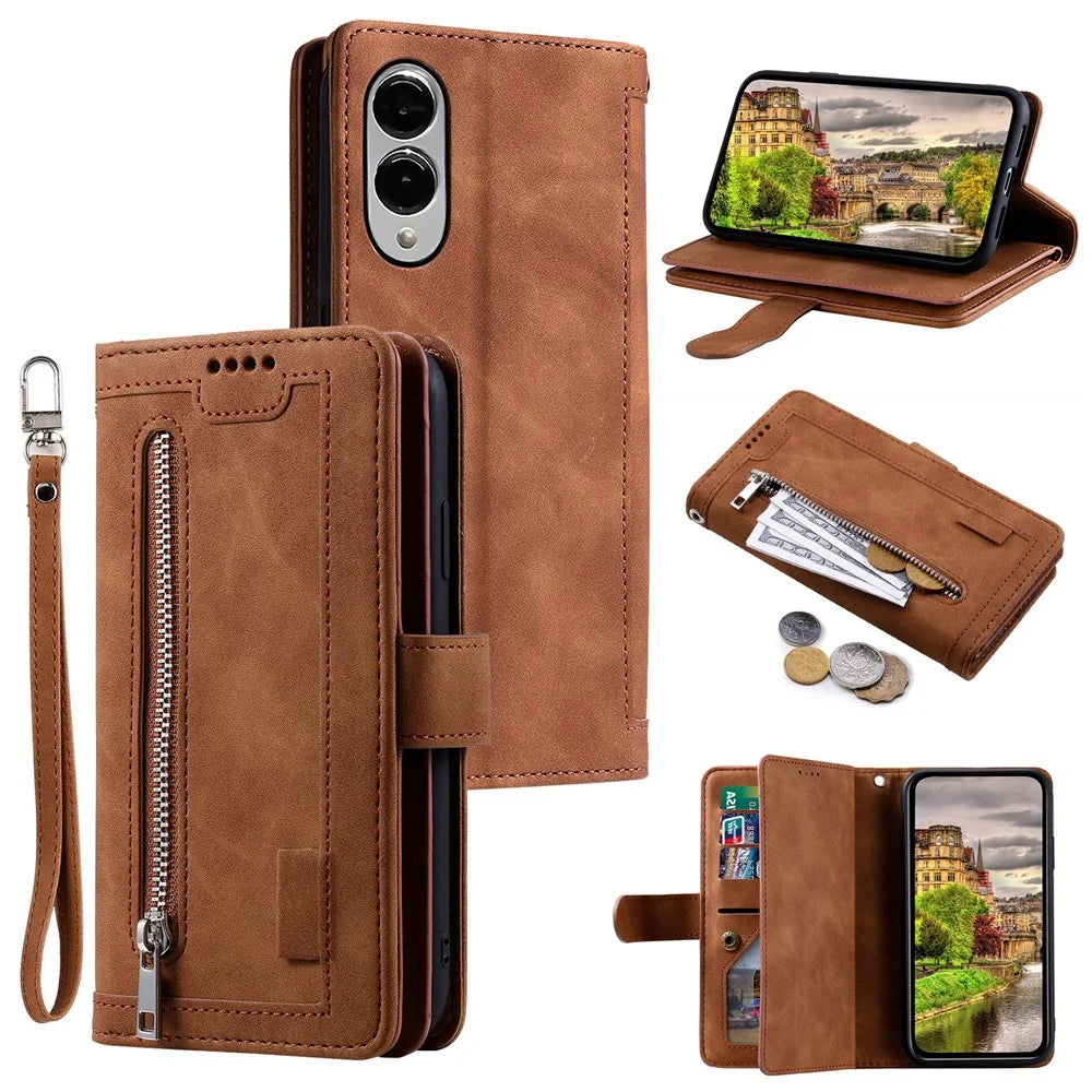For Samsung Galaxy S25 Edge Case PU Leather Phone Cover with Zipper Wallet 9 Card Slots - Brown - 1