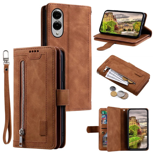 For Samsung Galaxy S25 Edge Case PU Leather Phone Cover with Zipper Wallet 9 Card Slots - Brown - 1