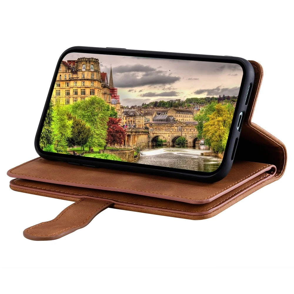 For Samsung Galaxy S25 Edge Case PU Leather Phone Cover with Zipper Wallet 9 Card Slots - Brown - 3
