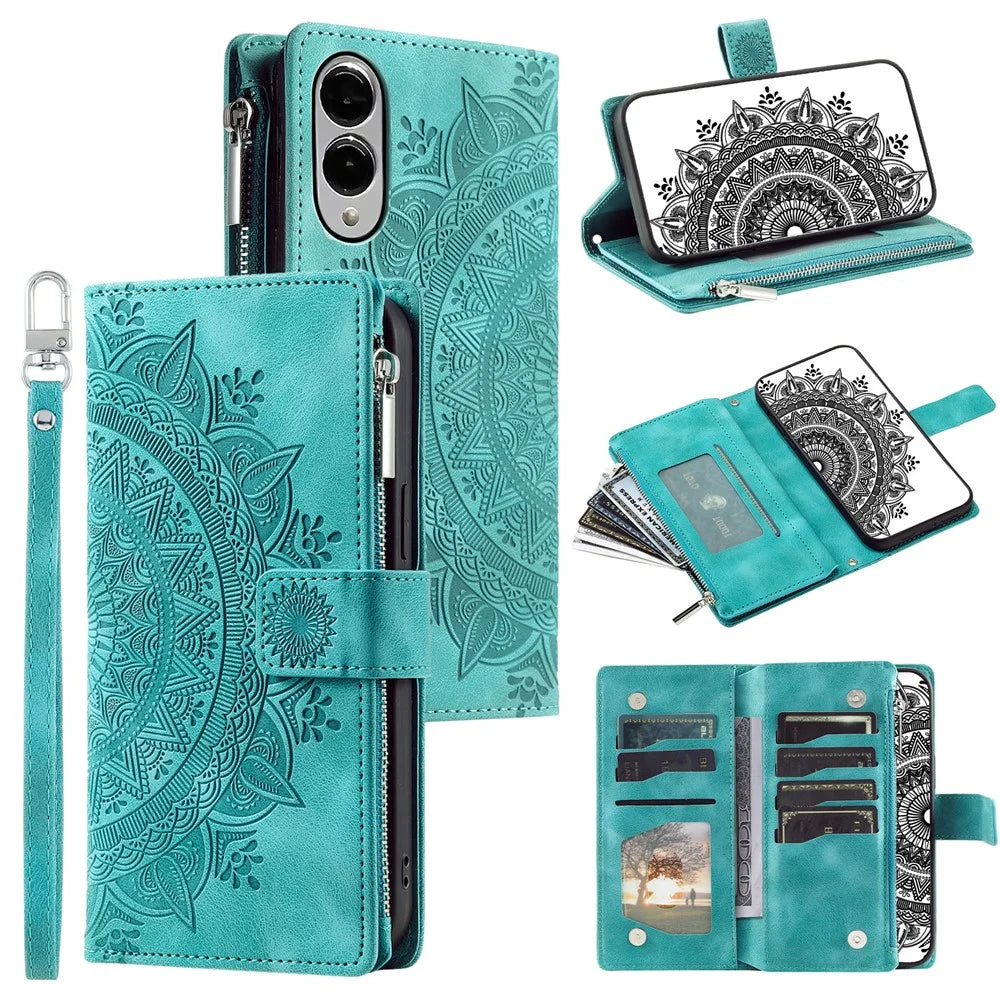 Style 006 For Samsung Galaxy S25 Edge Wallet Case PU Leather Phone Cover Mandala Flower Pattern - Mint Green - 1