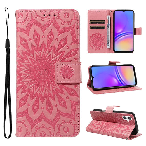 For Samsung Galaxy A08 5G / A08 4G / A07 4G / A06 4G / A06 5G Phone Case Sunflower Imprinted Leather Wallet Stand Cover with Strap - Pink - 1