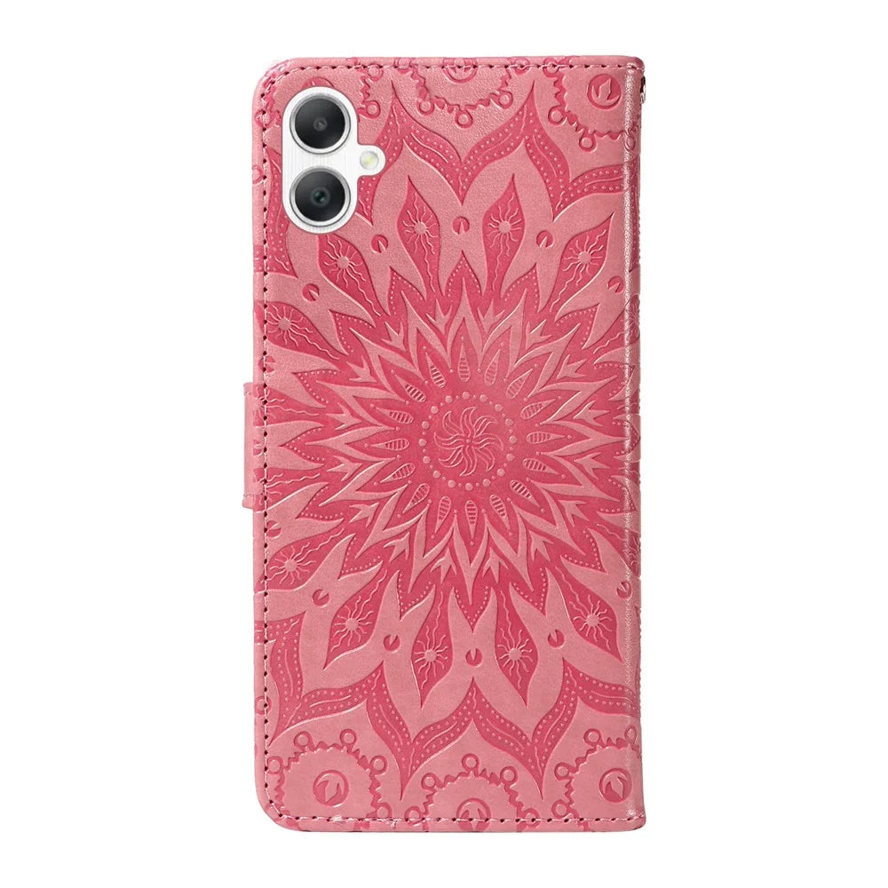 For Samsung Galaxy A08 5G / A08 4G / A07 4G / A06 4G / A06 5G Phone Case Sunflower Imprinted Leather Wallet Stand Cover with Strap - Pink - 3