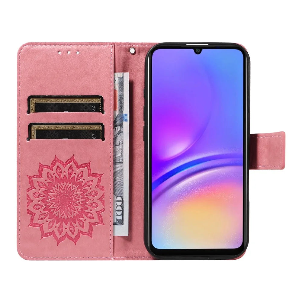 For Samsung Galaxy A08 5G / A08 4G / A07 4G / A06 4G / A06 5G Phone Case Sunflower Imprinted Leather Wallet Stand Cover with Strap - Pink - 4