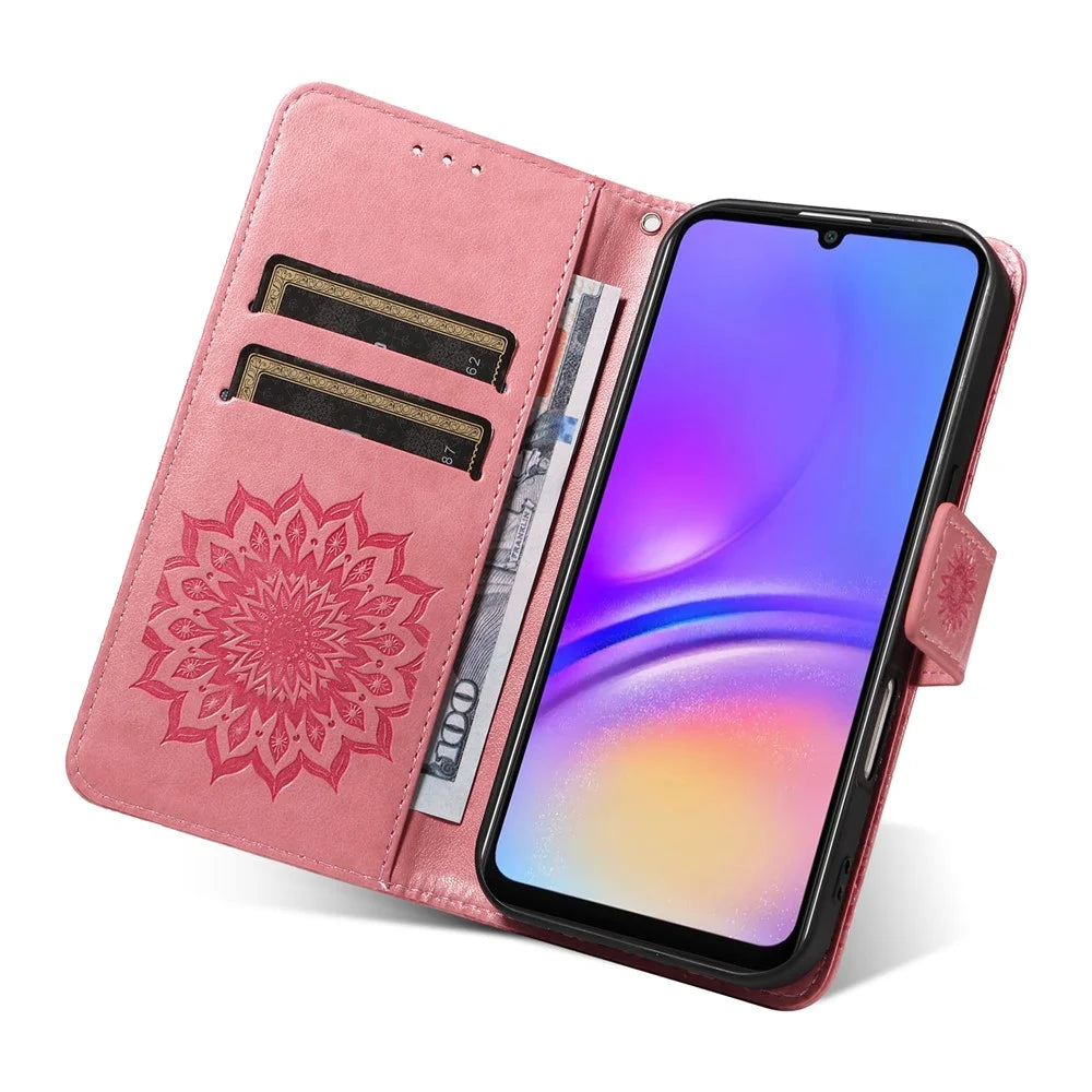 For Samsung Galaxy A08 5G / A08 4G / A07 4G / A06 4G / A06 5G Phone Case Sunflower Imprinted Leather Wallet Stand Cover with Strap - Pink - 5