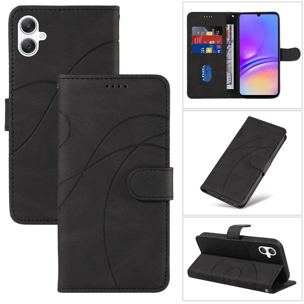 For Samsung Galaxy A08 5G / A08 4G / A07 4G / A06 4G / A06 5G Wallet Case Leather Phone Cover Stand with Curved Line Design -  Black - 1