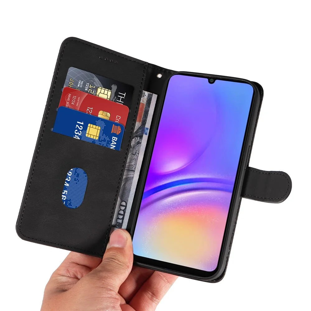 For Samsung Galaxy A08 5G / A08 4G / A07 4G / A06 4G / A06 5G Wallet Case Leather Phone Cover Stand with Curved Line Design -  Black - 5