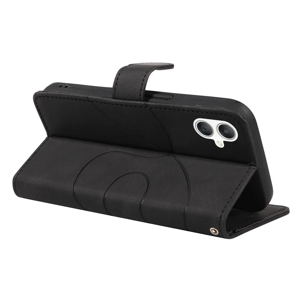 For Samsung Galaxy A08 5G / A08 4G / A07 4G / A06 4G / A06 5G Wallet Case Leather Phone Cover Stand with Curved Line Design -  Black - 6