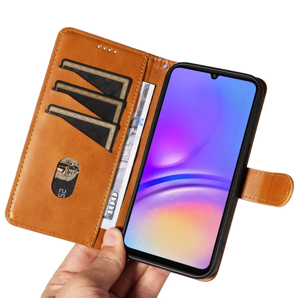 For Samsung Galaxy A08 5G / A08 4G / A07 4G / A06 4G / A06 5G Wallet Case T-Shape Lines Leather Phone Cover Stand - Brown - 5