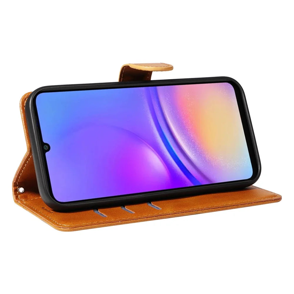 For Samsung Galaxy A08 5G / A08 4G / A07 4G / A06 4G / A06 5G Wallet Case T-Shape Lines Leather Phone Cover Stand - Brown - 6