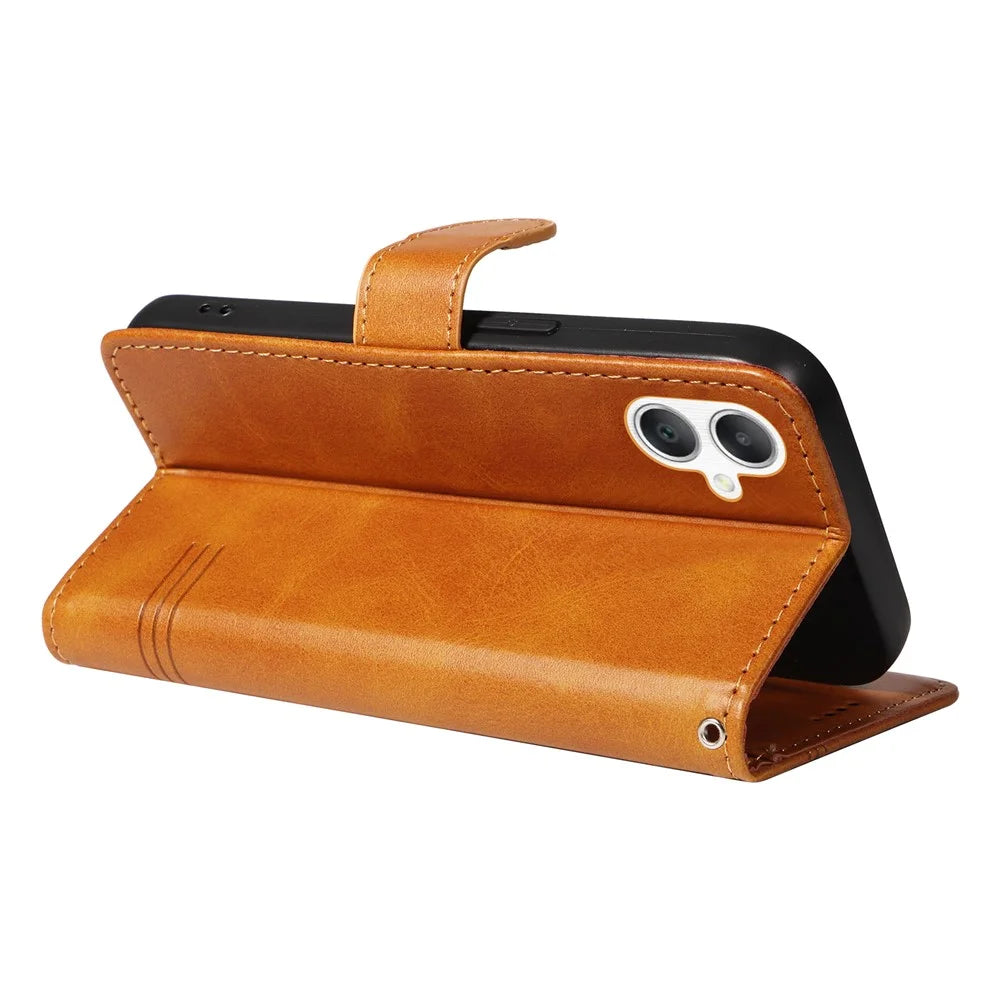 For Samsung Galaxy A08 5G / A08 4G / A07 4G / A06 4G / A06 5G Wallet Case T-Shape Lines Leather Phone Cover Stand - Brown - 7
