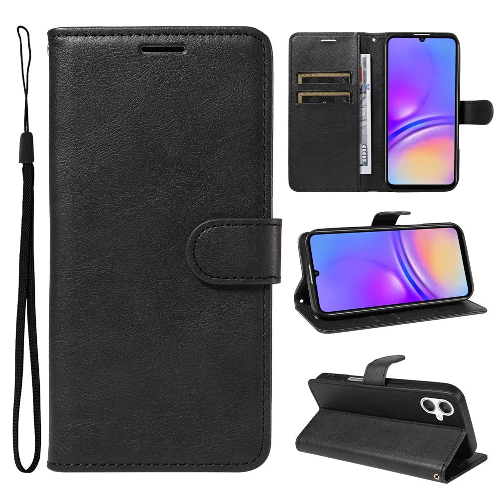 For Samsung Galaxy A08 5G / A08 4G / A07 4G / A06 4G / A06 5G Leather Wallet Case with Strap Solid Color Phone Stand Cover - Black - 1