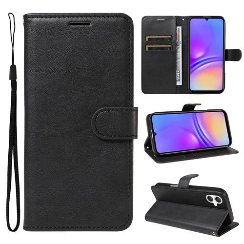 For Samsung Galaxy A08 5G / A08 4G / A07 4G / A06 4G / A06 5G Leather Wallet Case with Strap Solid Color Phone Stand Cover - Black - 1