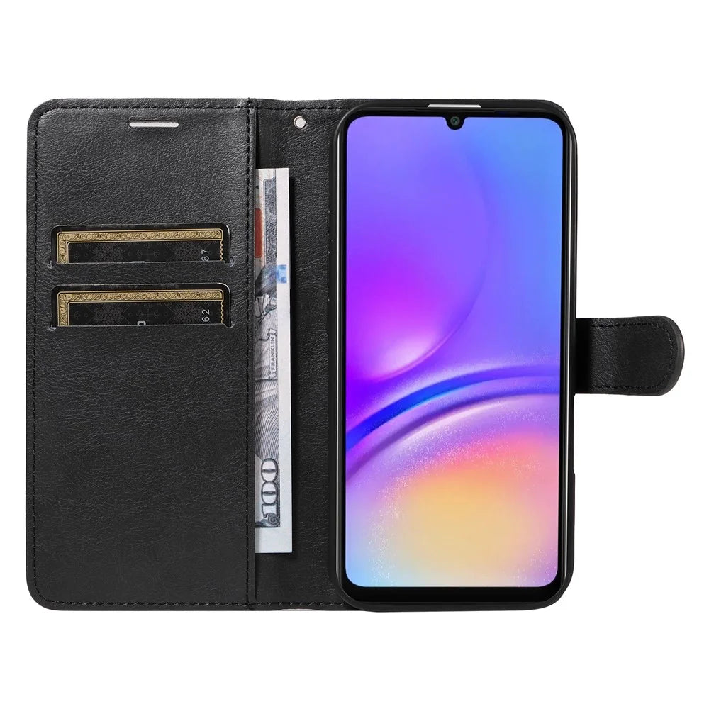 For Samsung Galaxy A08 5G / A08 4G / A07 4G / A06 4G / A06 5G Leather Wallet Case with Strap Solid Color Phone Stand Cover - Black - 4