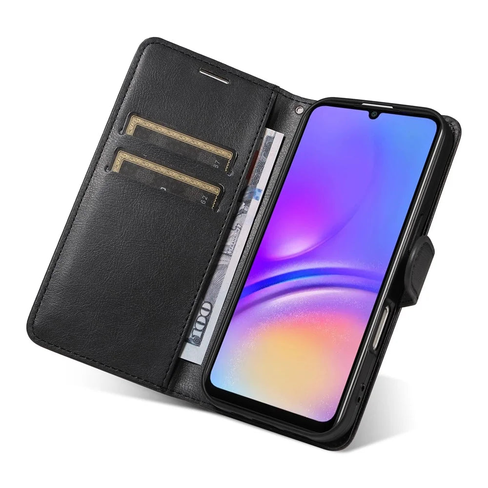 For Samsung Galaxy A08 5G / A08 4G / A07 4G / A06 4G / A06 5G Leather Wallet Case with Strap Solid Color Phone Stand Cover - Black - 5