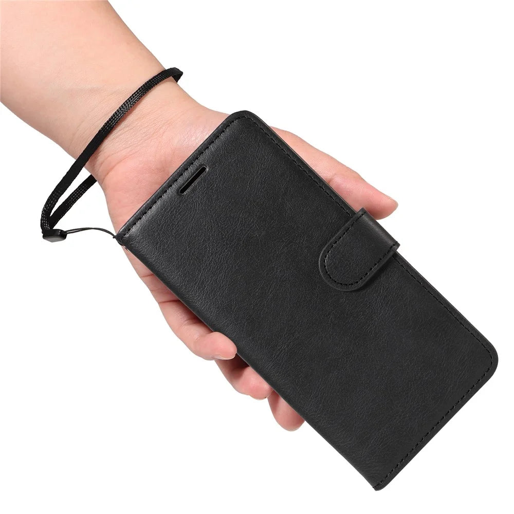 For Samsung Galaxy A08 5G / A08 4G / A07 4G / A06 4G / A06 5G Leather Wallet Case with Strap Solid Color Phone Stand Cover - Black - 6