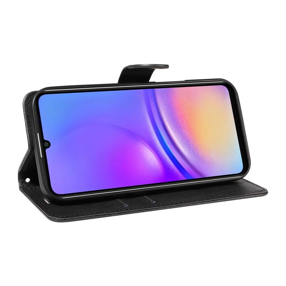 For Samsung Galaxy A08 5G / A08 4G / A07 4G / A06 4G / A06 5G Leather Wallet Case with Strap Solid Color Phone Stand Cover - Black - 7
