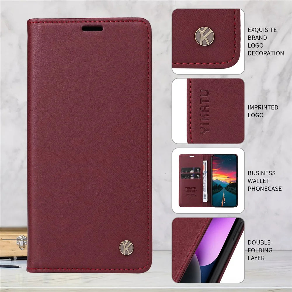 YIKATU For Samsung Galaxy A08 5G / A08 4G / A07 4G / A06 4G / A06 5G Phone Cases  Magnetic Closure PU Leather Mobile Cover  - Wine Red - 5