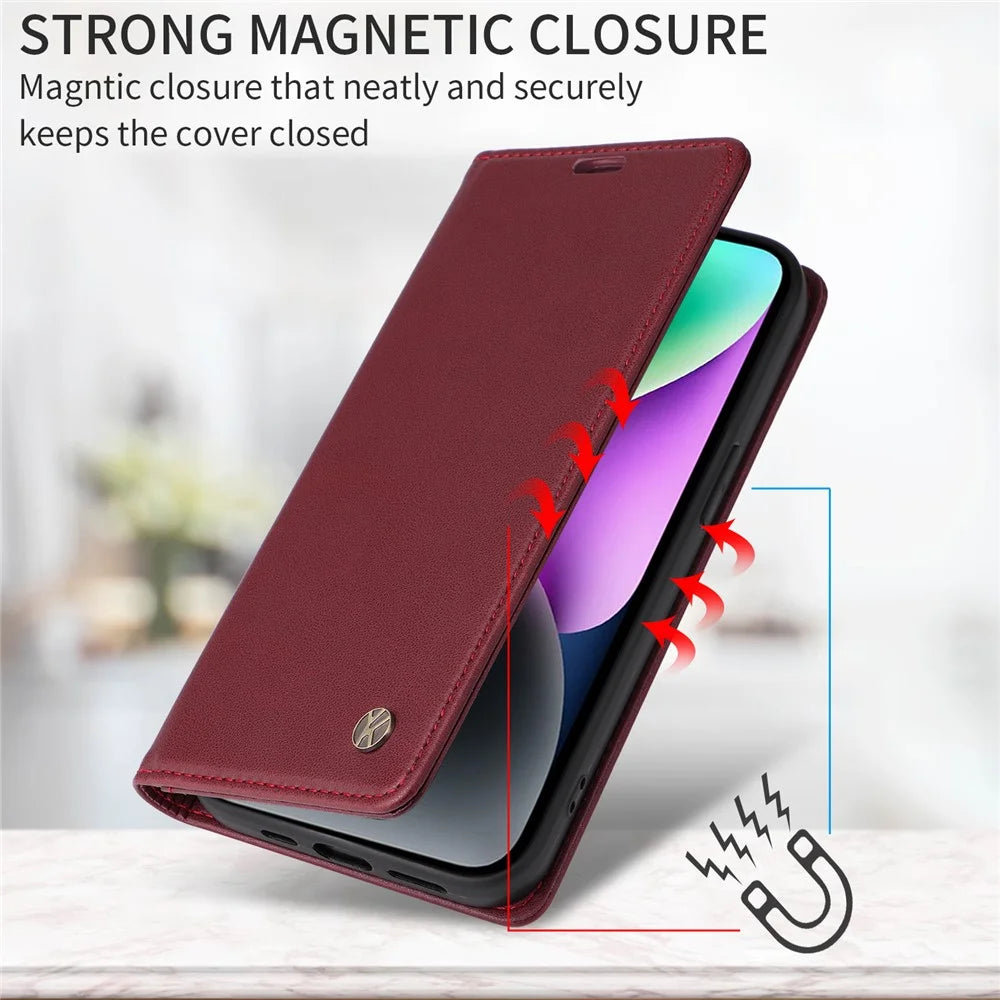 YIKATU For Samsung Galaxy A08 5G / A08 4G / A07 4G / A06 4G / A06 5G Phone Cases  Magnetic Closure PU Leather Mobile Cover  - Wine Red - 6