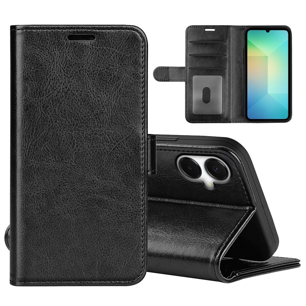 For Samsung Galaxy A06 5G Case Crazy Horse Texture Stand Leather Phone Cover - Black - 2