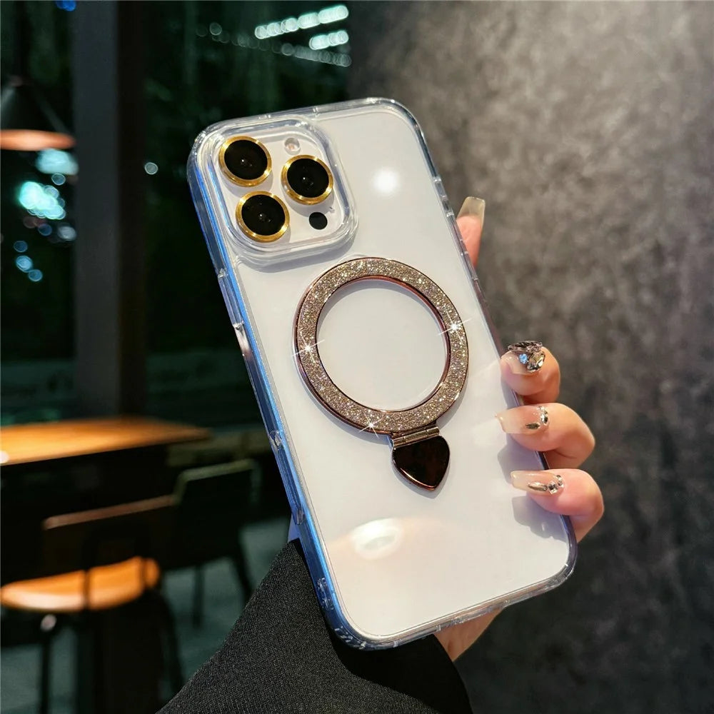 For iPhone 16 Pro Case TPU + Acrylic Clear Phone Cover with Glitter Ring Kickstand - Gold - 1
