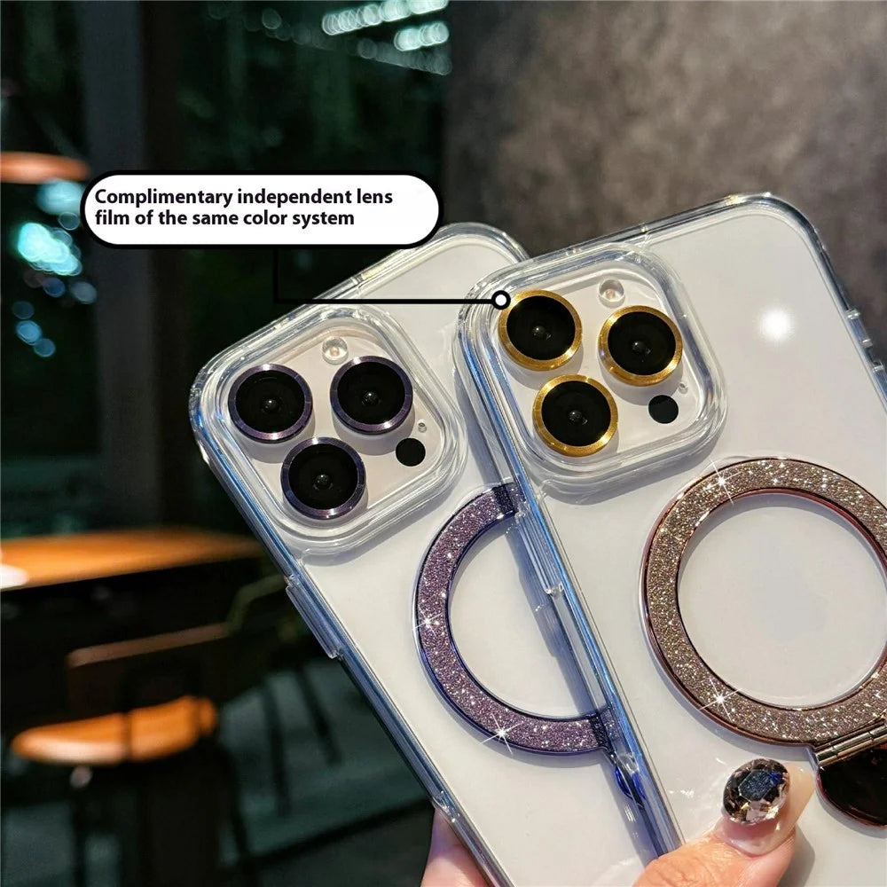 For iPhone 16 Pro Max Case TPU + Acrylic Clear Phone Cover with Glitter Ring Kickstand - Gold - 6