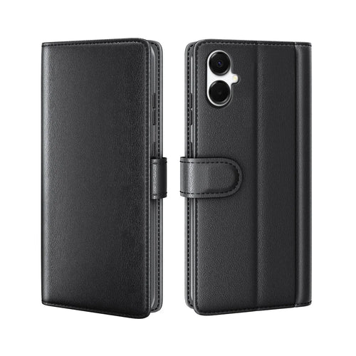 For Samsung Galaxy A06 5G Case Genuine Split Leather Phone Cover with Wallet Stand - Black - 1