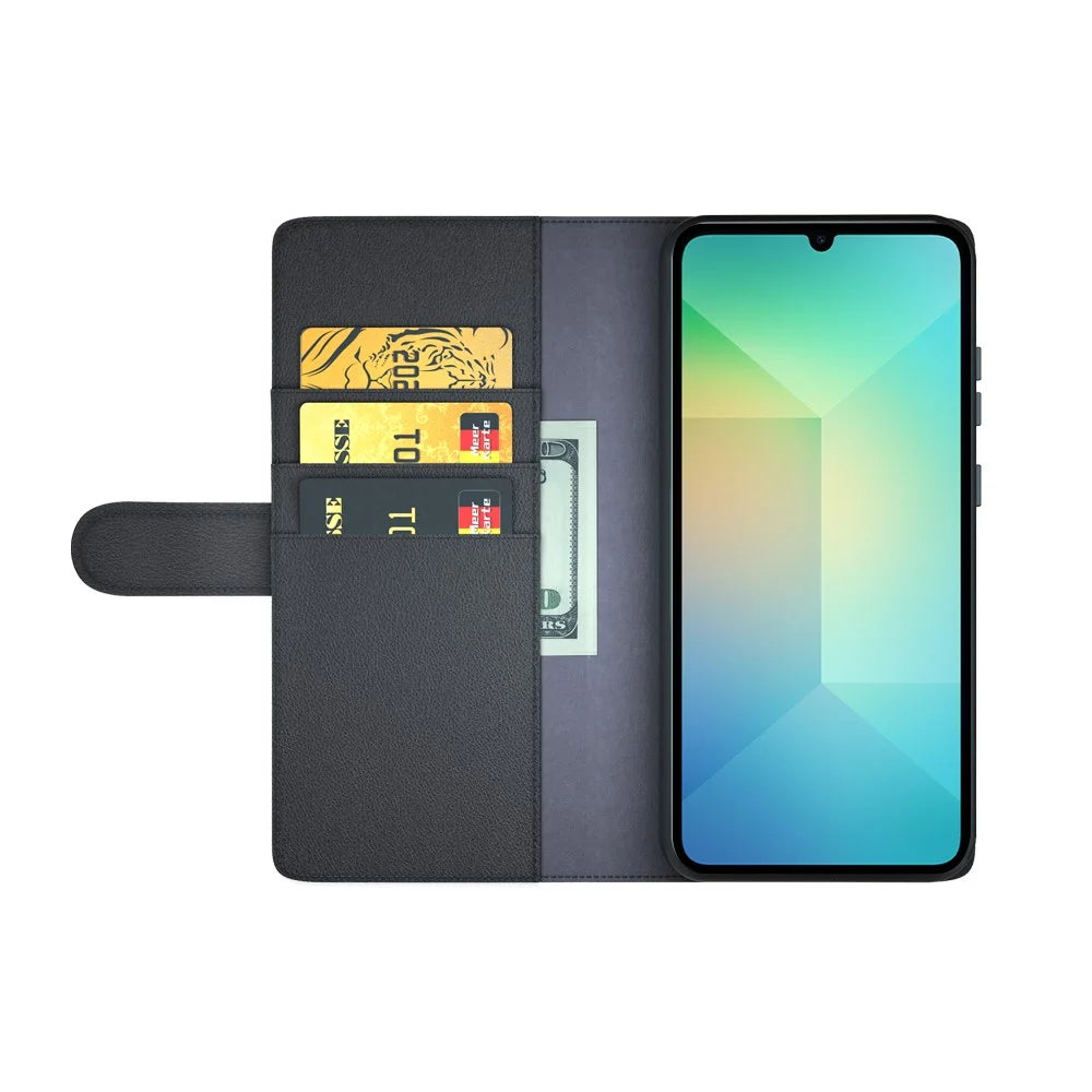 For Samsung Galaxy A06 5G Case Genuine Split Leather Phone Cover with Wallet Stand - Black - 2