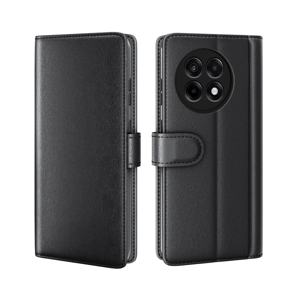 For OnePlus Ace 5 Pro 5G Case Genuine Split Leather Phone Cover with Wallet Stand - Black - 1