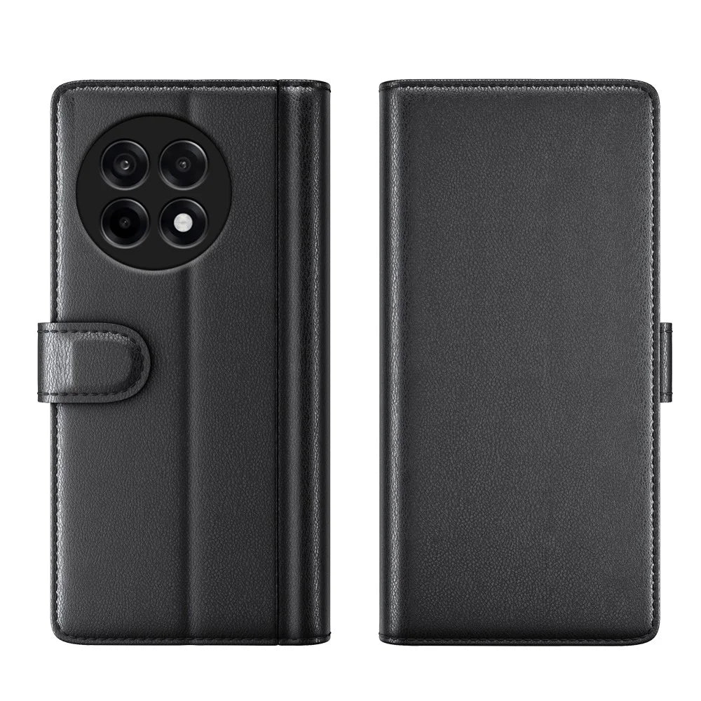 For OnePlus Ace 5 Pro 5G Case Genuine Split Leather Phone Cover with Wallet Stand - Black - 2