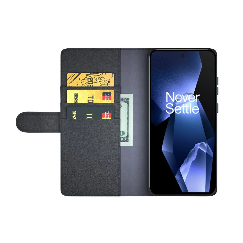For OnePlus Ace 5 Pro 5G Case Genuine Split Leather Phone Cover with Wallet Stand - Black - 3