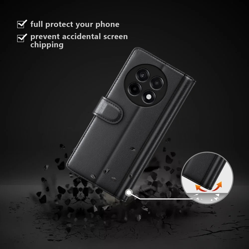 For OnePlus Ace 5 Pro 5G Case Genuine Split Leather Phone Cover with Wallet Stand - Black - 5