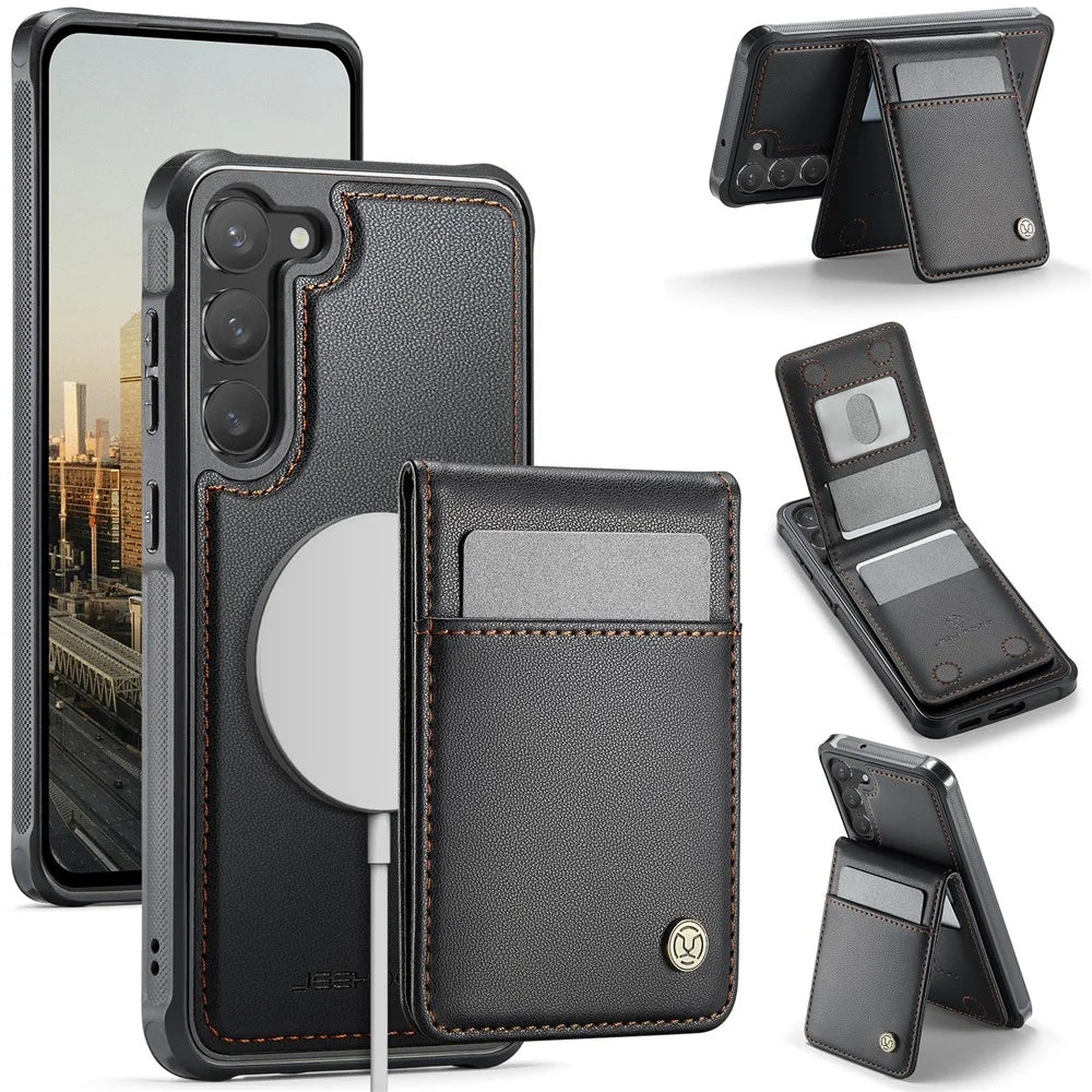 JEEHOOD For Samsung Galaxy S23+ Leather Back Cover Magnetic Case  J06 Phone Case with Card Bag RFID Blocking - Black - 1
