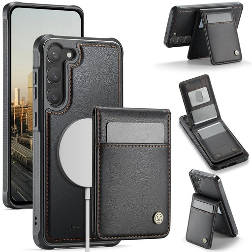 JEEHOOD For Samsung Galaxy S23+ Leather Back Cover Magnetic Case  J06 Phone Case with Card Bag RFID Blocking - Black - 1