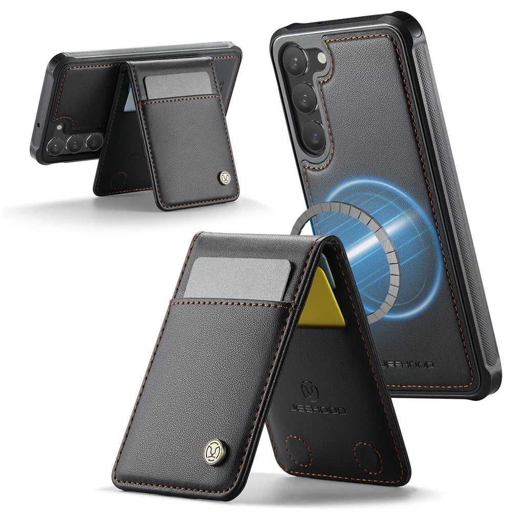 JEEHOOD For Samsung Galaxy S23+ Leather Back Cover Magnetic Case  J06 Phone Case with Card Bag RFID Blocking - Black - 2