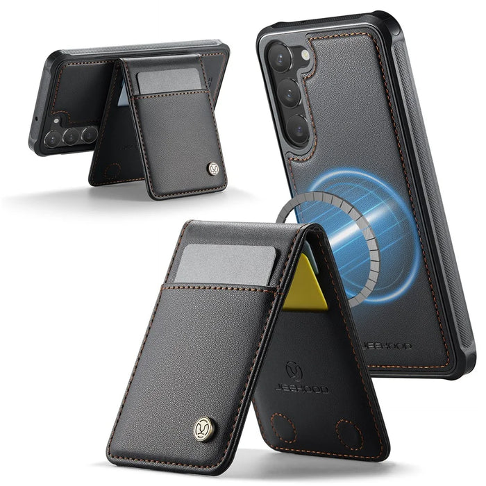JEEHOOD For Samsung Galaxy S23+ Leather Back Cover Magnetic Case  J06 Phone Case with Card Bag RFID Blocking - Black - 2