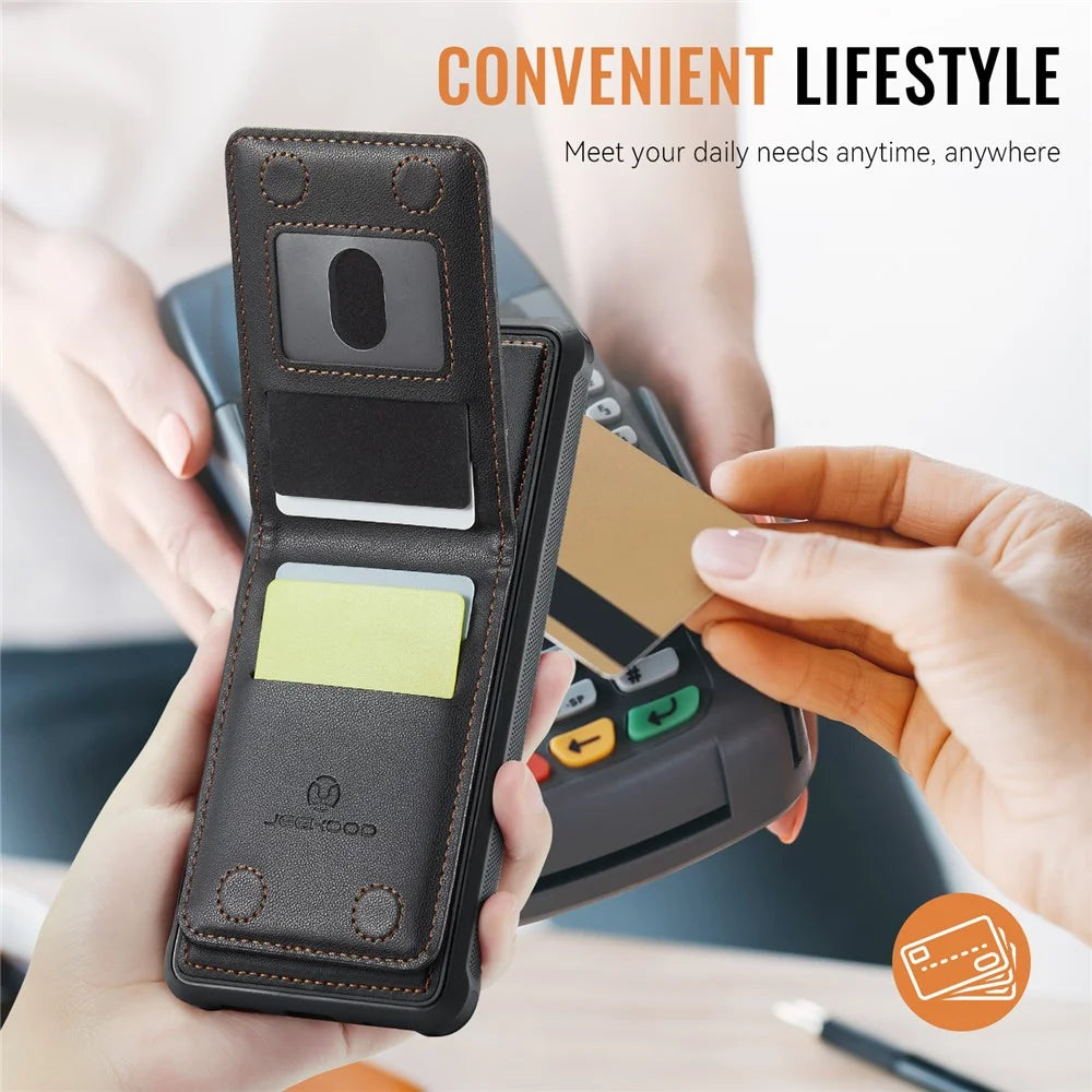 JEEHOOD For Samsung Galaxy S23+ Leather Back Cover Magnetic Case  J06 Phone Case with Card Bag RFID Blocking - Black - 7
