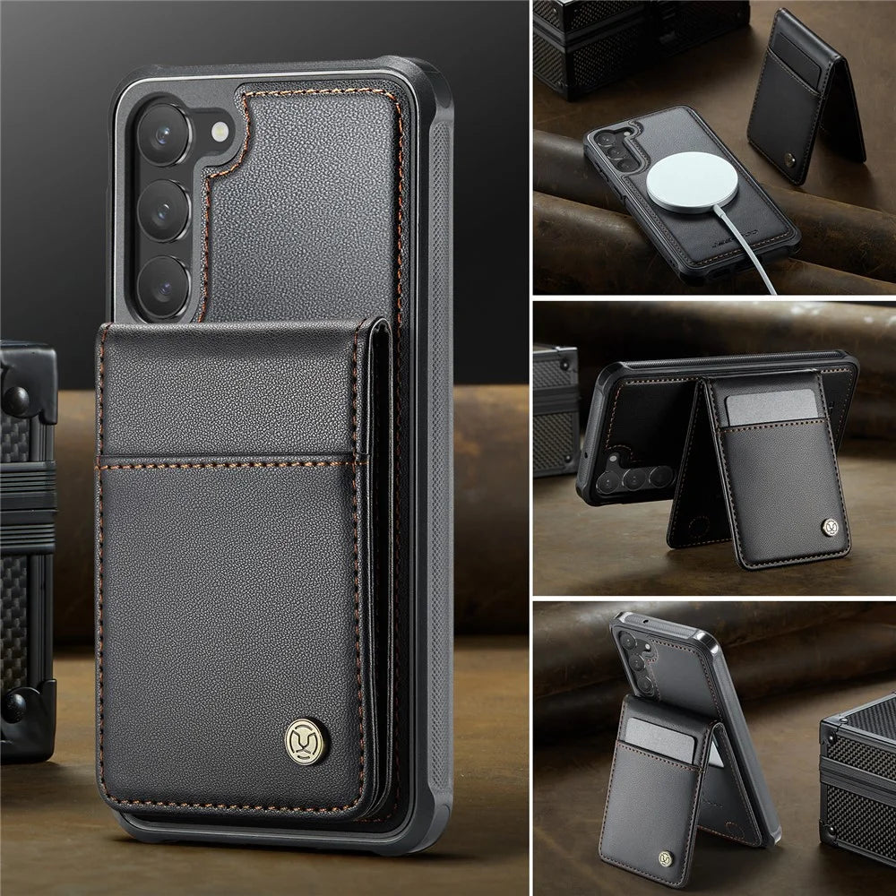 JEEHOOD For Samsung Galaxy S23 Leather Back Cover Magnetic Case  J06 Phone Case with Card Bag RFID Blocking - Black - 4