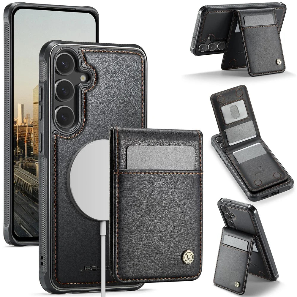 JEEHOOD For Samsung Galaxy S23 FE Leather Back Cover Magnetic Case  J06 Phone Case with Card Bag RFID Blocking - Black - 1
