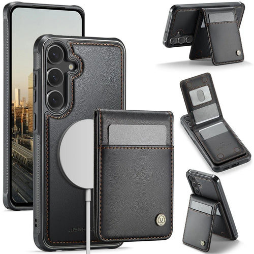 JEEHOOD For Samsung Galaxy S23 FE Leather Back Cover Magnetic Case  J06 Phone Case with Card Bag RFID Blocking - Black - 1